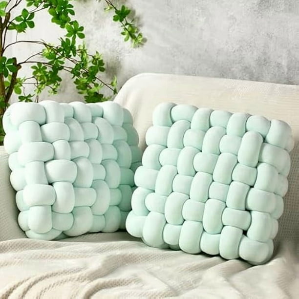 wonima44 2 Pcs Knot Pillows Square Knotted Plush Throws Soft Accent Pillows Decoration Cushion for Couch Home Office Living Room Bedroom Bed Sofa Decor, 12'' x 13''(Light Green,Crystal Velvet)