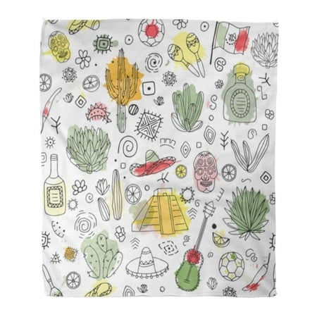 ASHLEIGH Semtomn Decorative Throw Blanket 50x60 Inches Doodles of Mexico Temple Kukulkan Tequila Sombrero Agave Maracas Warm Flannel Soft Blanket for Couch Sofa