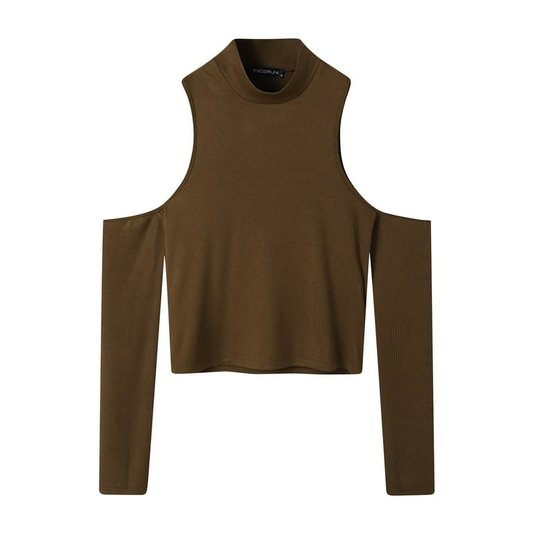 Fashion High Neck Hollow Out Off Shoulder Slit T-Shirt Fashion High Neck Hollow Out Off Shoulder Slit T-Shirt