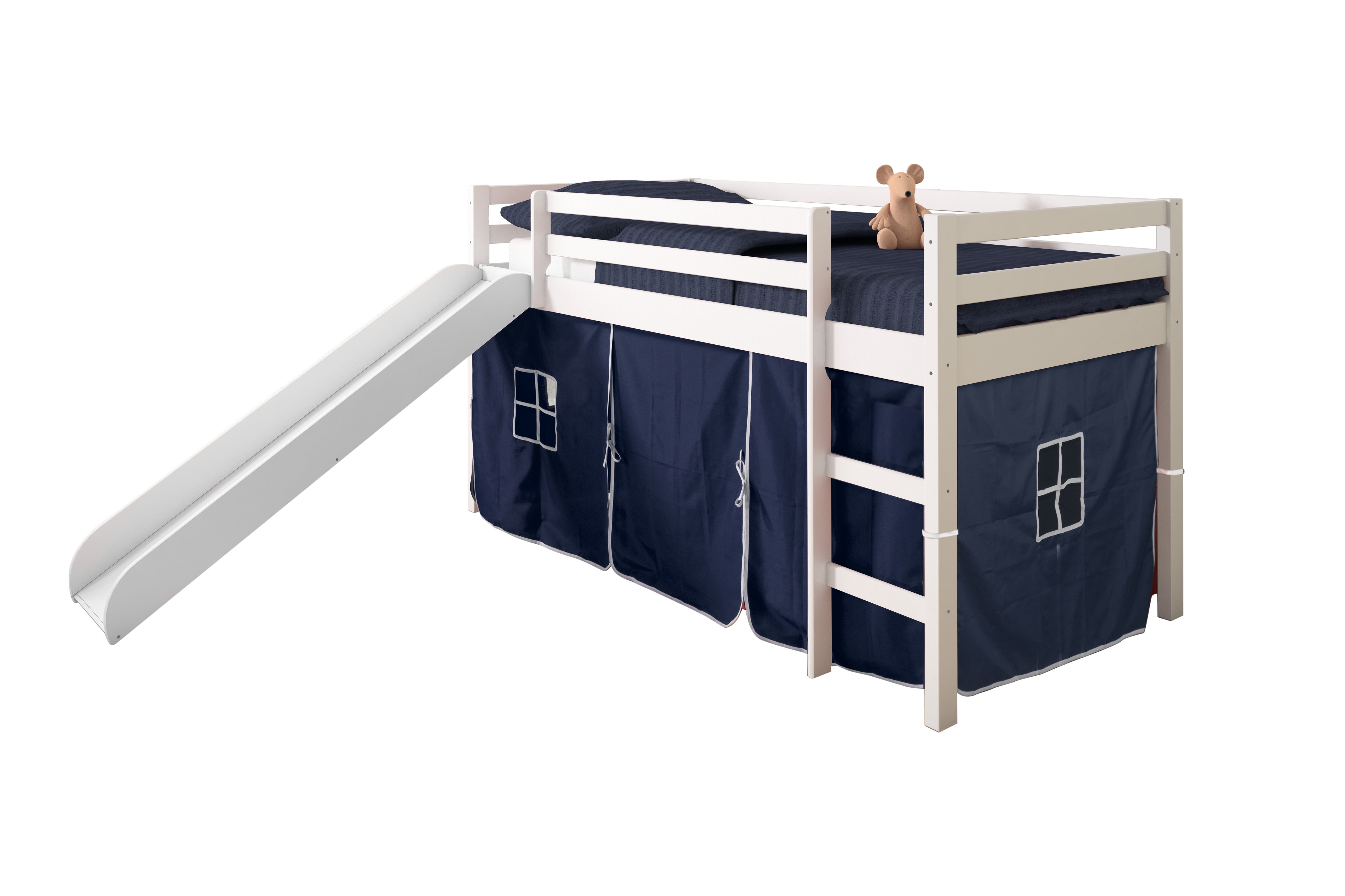 Donco Kids Twin Loft Bed with Blue Tent and Slide, White