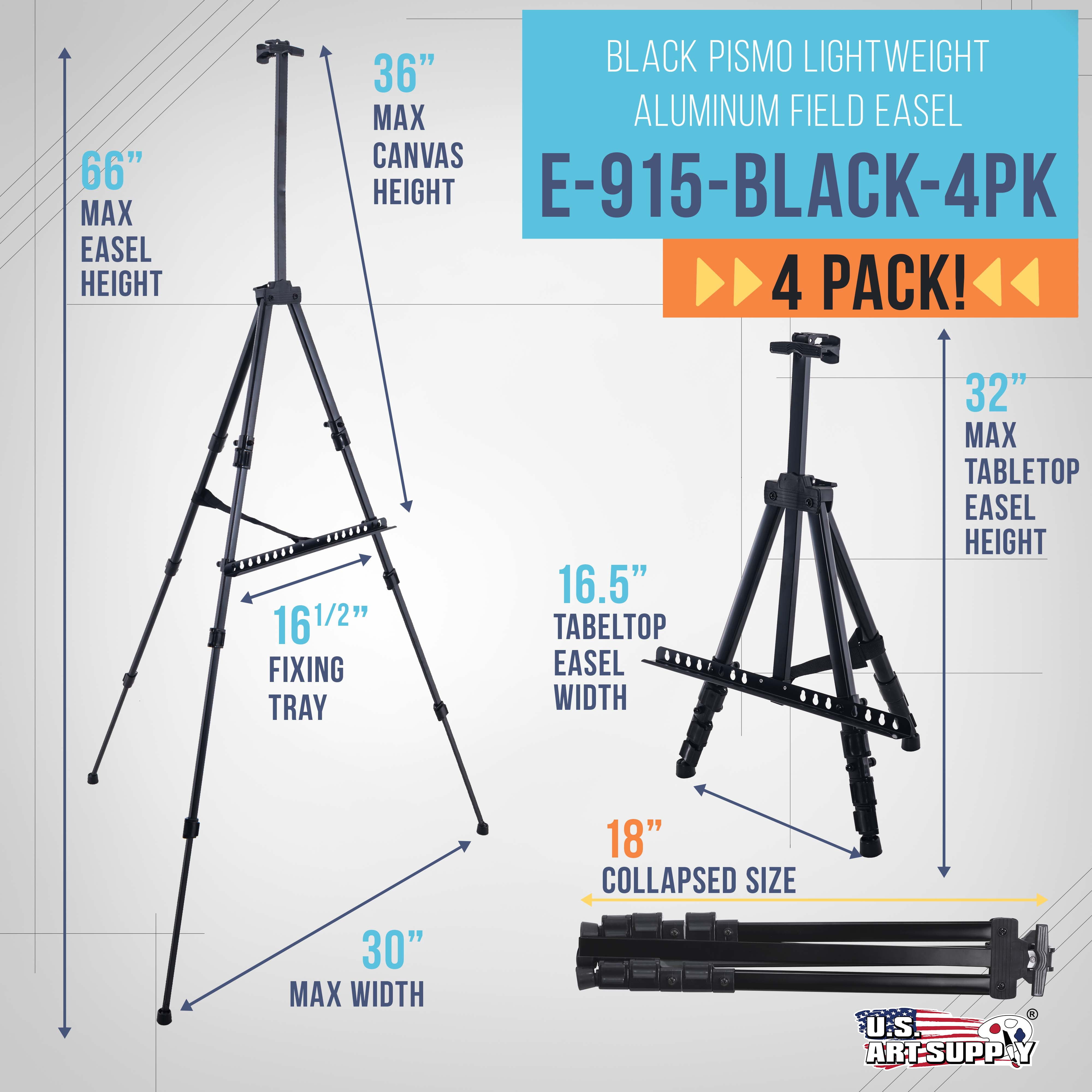 U.S. Art Supply - Pack of 4 - 66 Inch Sturdy Black Aluminum Tripod Artist Field and Display Easel Stand - Adjustable Height 20\" to 5.5 Feet, Holds 32" Canvas