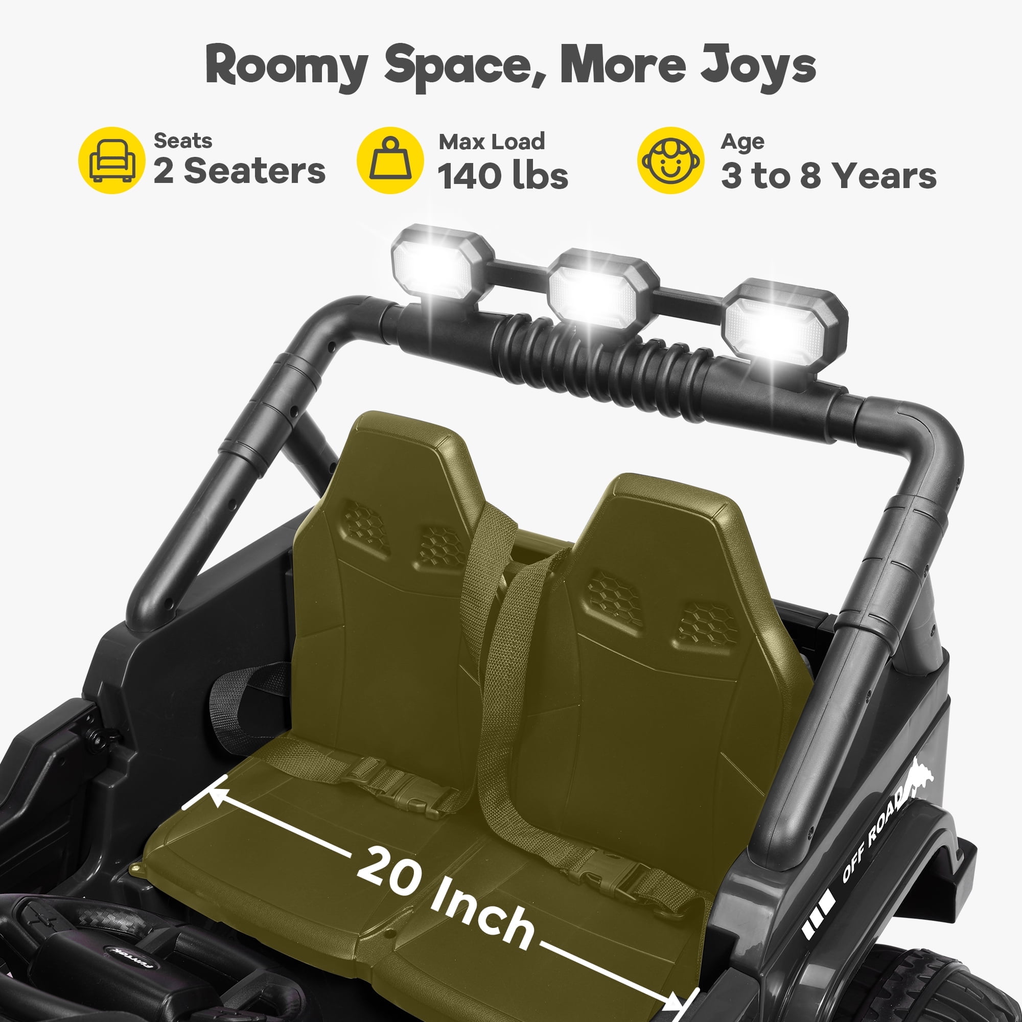 FUNTOK 24 Volt 2 Seater Kids Ride on Toys w/ 20 " Large Seat, 4 x 200W Motor Electric Vehicle Car, 4WD/2WD Switchable Battery Powered Ride on Truck, 3 Speeds with Remote Control & LED Lights, Black