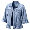 thumbnail image 3 of Womens Jackets Solid Color Ruffle Hem Cropped Denim Jacket 3/4 Sleeve Lapel Collar Casual Fall Tops for Women BU2 S, 3 of 4