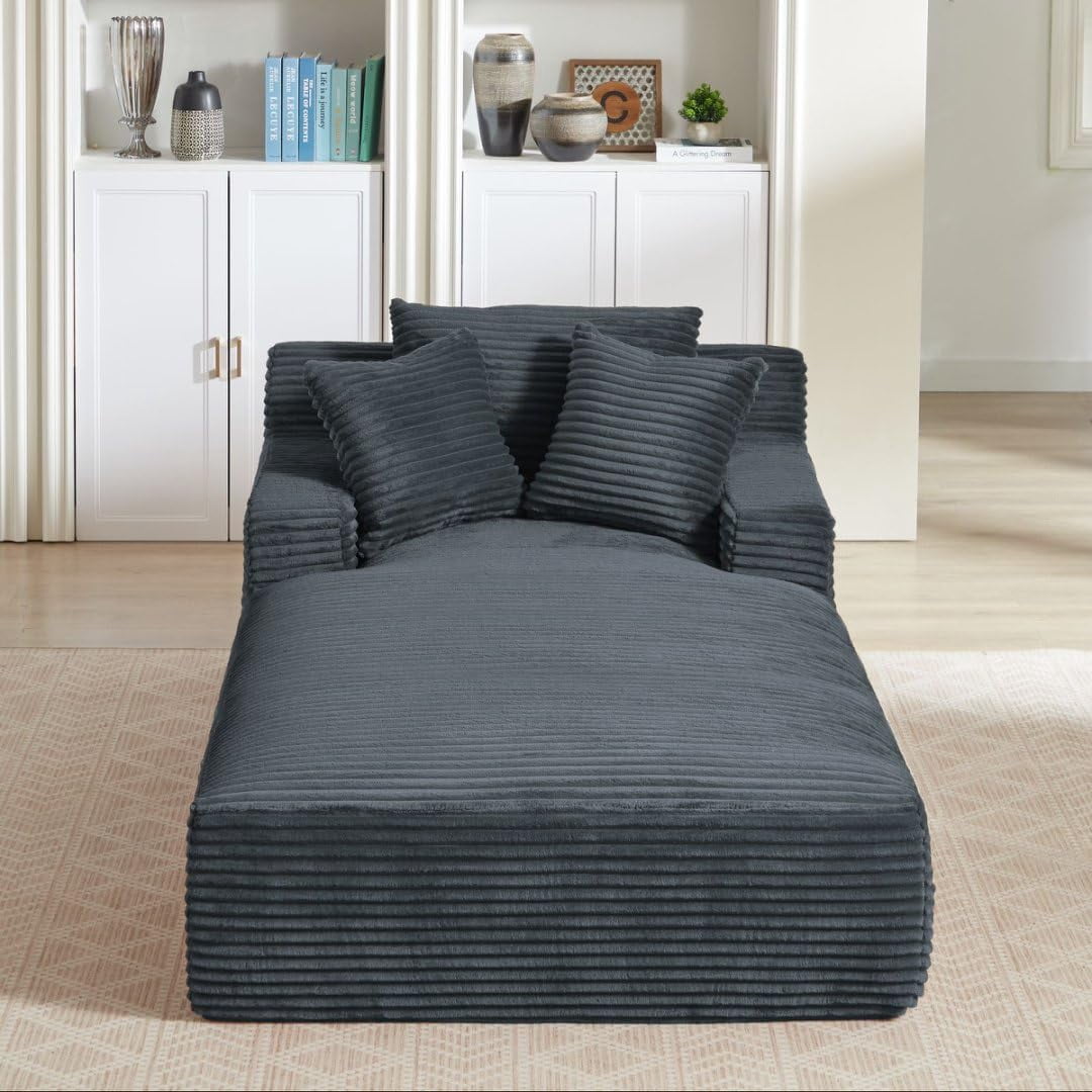 AENKYO 80" Oversized Corduroy Chaise Lounge, Fully Assembled, No Assembly Required, Dark Gray