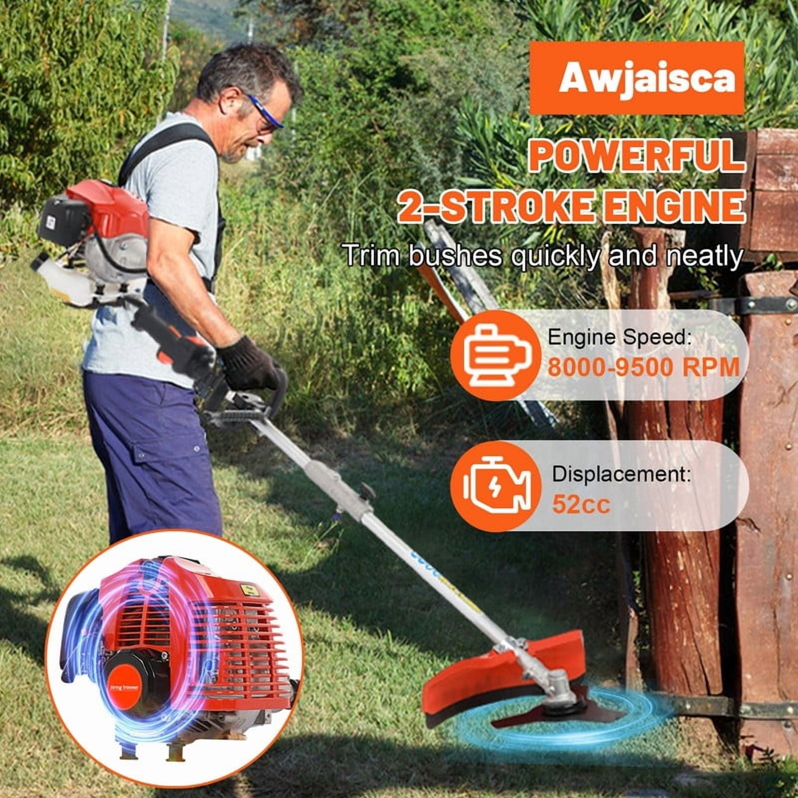 52cc 2-Cycle Gas Weed Eater Gas Powe, 5-in-1 Gas Weed Wacker, Brush Cutter Gas Trimmer for Grass and Weed, Hedge Trimmer Gas String Trimmer, Edger, Pole Saw & Pruner