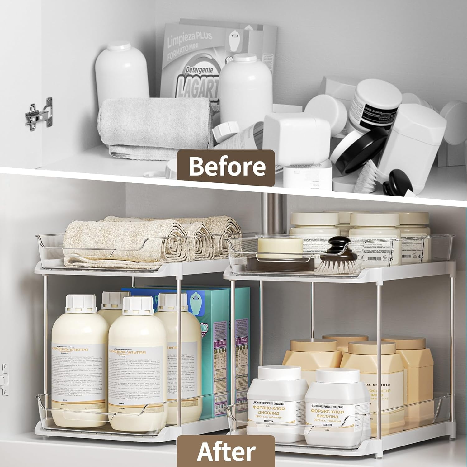 2 Tier Bathroom Storage Organizerr, Pull Out Under Sink Organizers and Storage, Stackable Pantry Organization and Storage, Clear Under Cabinet Storage with Movable Dividers