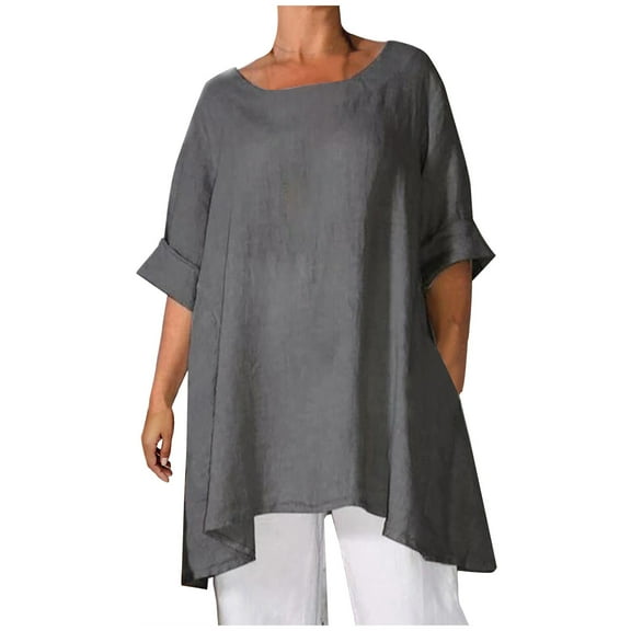 Summer Oversized T Shirts for Women Casual Loose Cotton Linen Tee Tops Half Sleeve Crewneck Solid Comfy Tunic Blouses