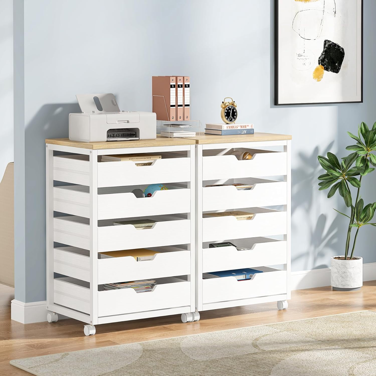 PurelyGoods 5-Drawer File Cabinet, Wood Mobile Storage Drawer Unit, Modern Office Cabinet with Drawers & Wheels, Rolling Printer Stand for Home Office (White)