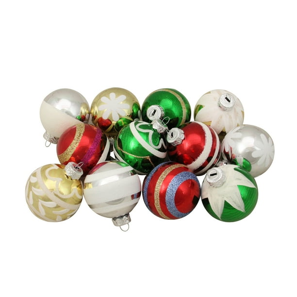12ct Red and White Vintage Striped Shiny Glass Christmas Ball Ornaments 2.25" (55mm) Walmart