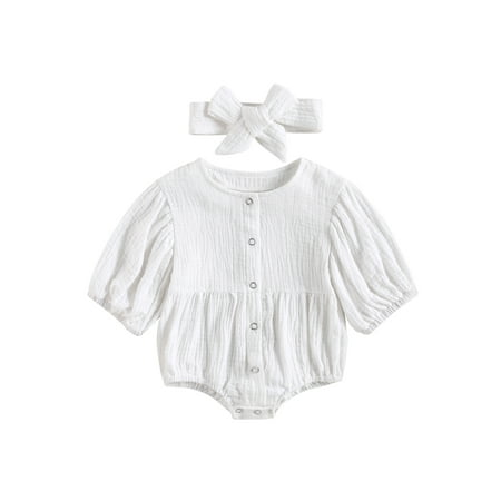 

Infant Toddler Baby Girls Bodysuit Short Sleeve Waffle Romper Summer Jumpsuit Outfits + Headband Cotton Linen Clothes