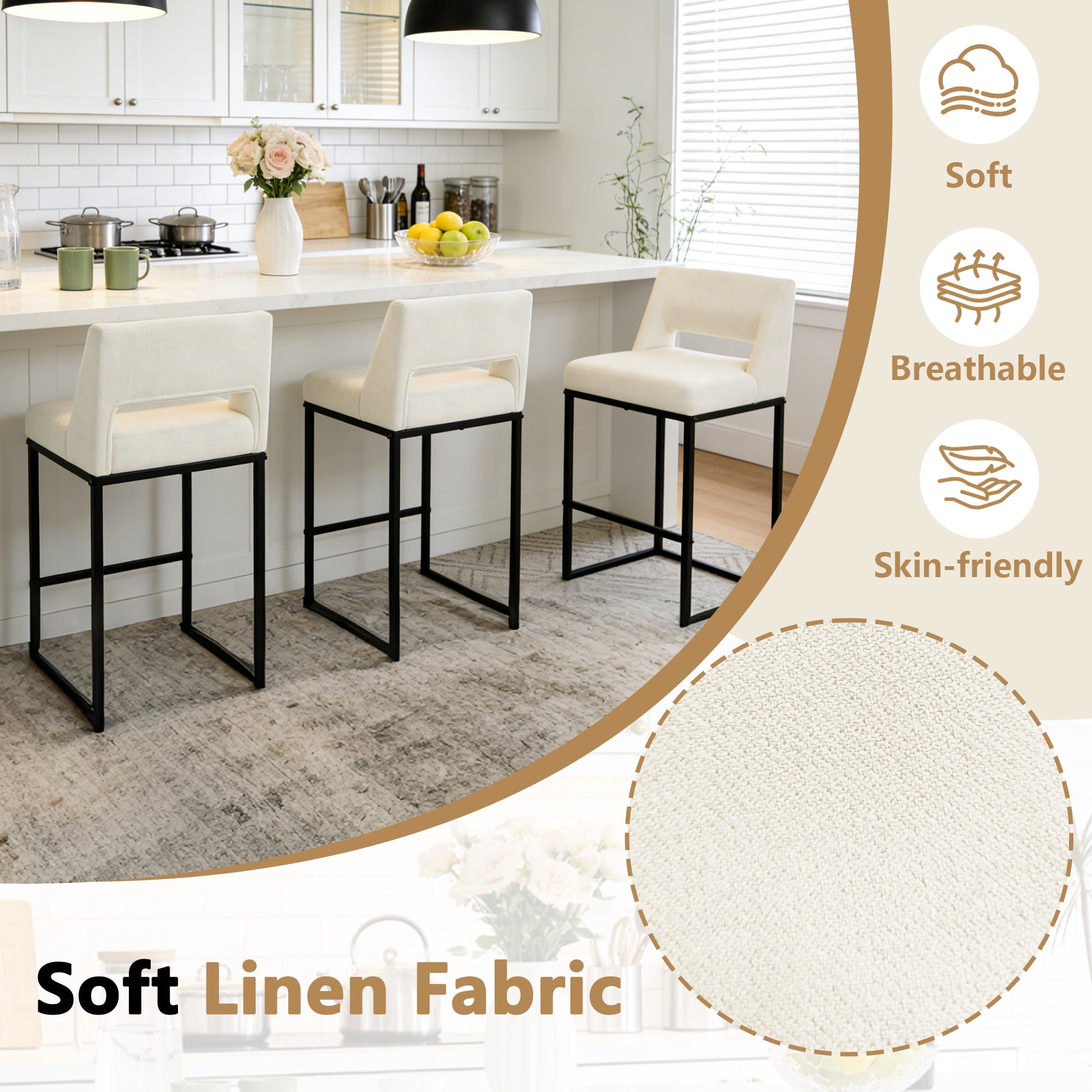 ClinQ Counter Height Bar Stools Set of 2, Hollow Back Kitchen Island Barstools, Upholstered Linen Fabric Counter Stools with Metal Frame, Beige