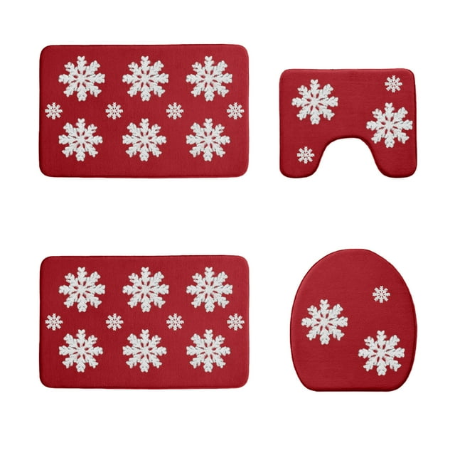 Christmas Bathroom Sets, 4 PC Snowflake Rug Machine Washable Non Slip Absorbent Festive Decor