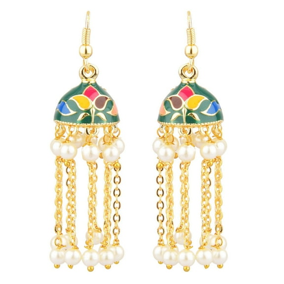 Efulgenz Indian Jewelry Bollywood Antique Faux Pearl Drop Floral Long Chain Tassel Jhumka Jhumki Hook Dangle Earrings Set