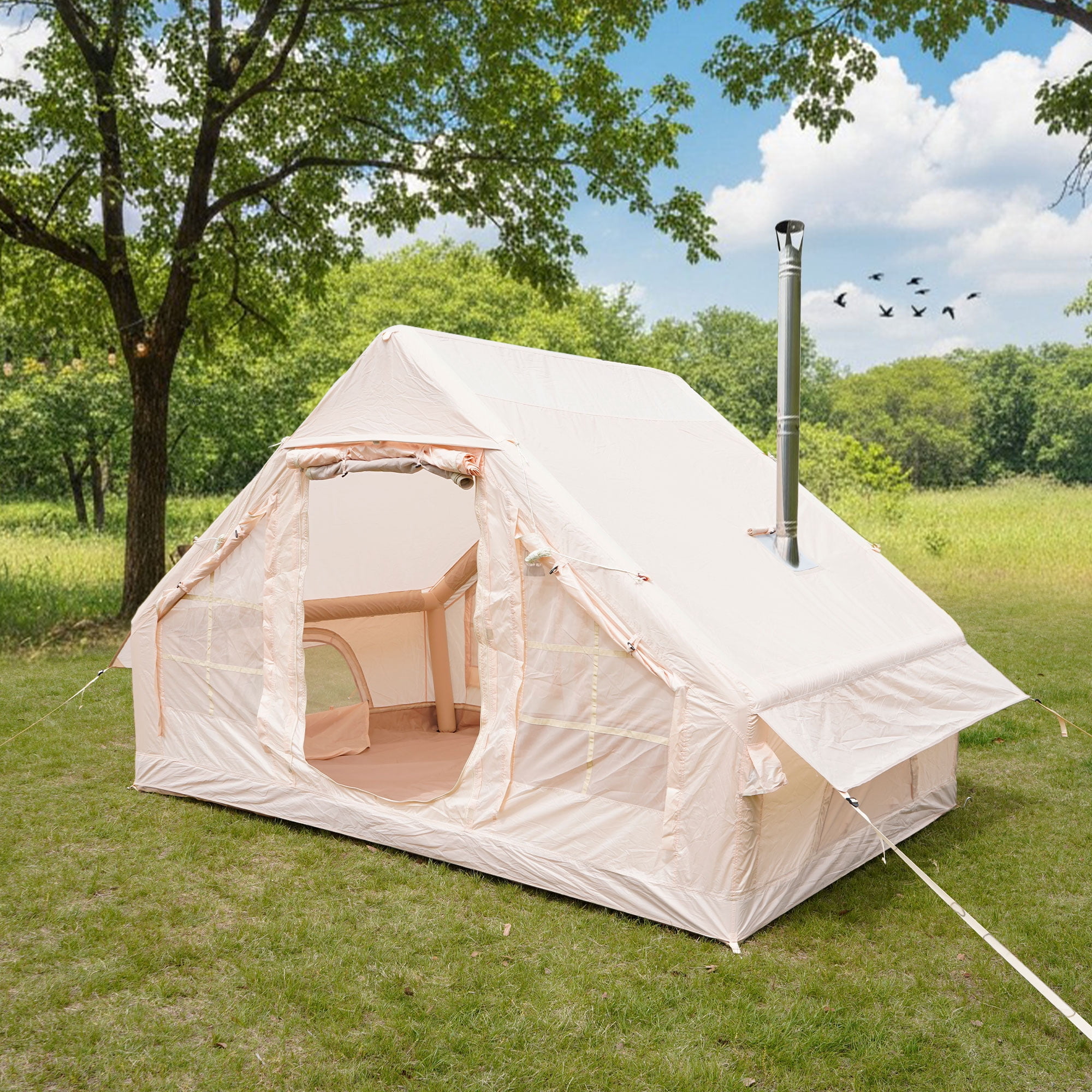LuckyNote Inflatable Camping Tent with Hand Pump, 4 Season Air Glamping Tent Waterproof Windproof, Oxford Cabin with Mesh & Chimney Window, Beige