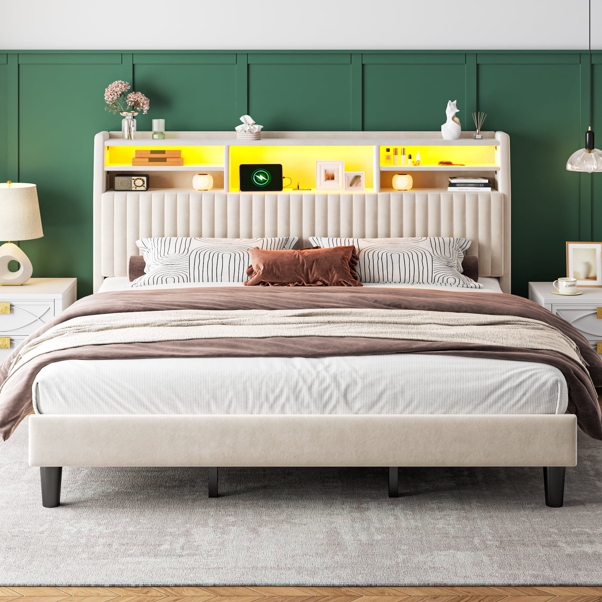 EnHomee King Size Bed Frame with 2-Tier Storage Shelf Upholstered Bed Frame with Headboard & LED Lights & Charge Station,Beige