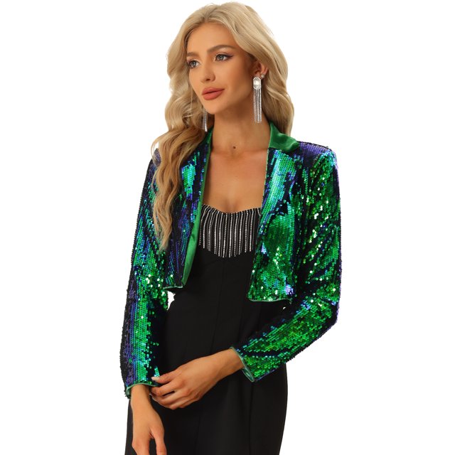 Blazer con Parte Delantera Abierta para Mujer con Solapa con Muescas, Manga Larga, Chaqueta de Lentejuelas Brillantes Verde L
