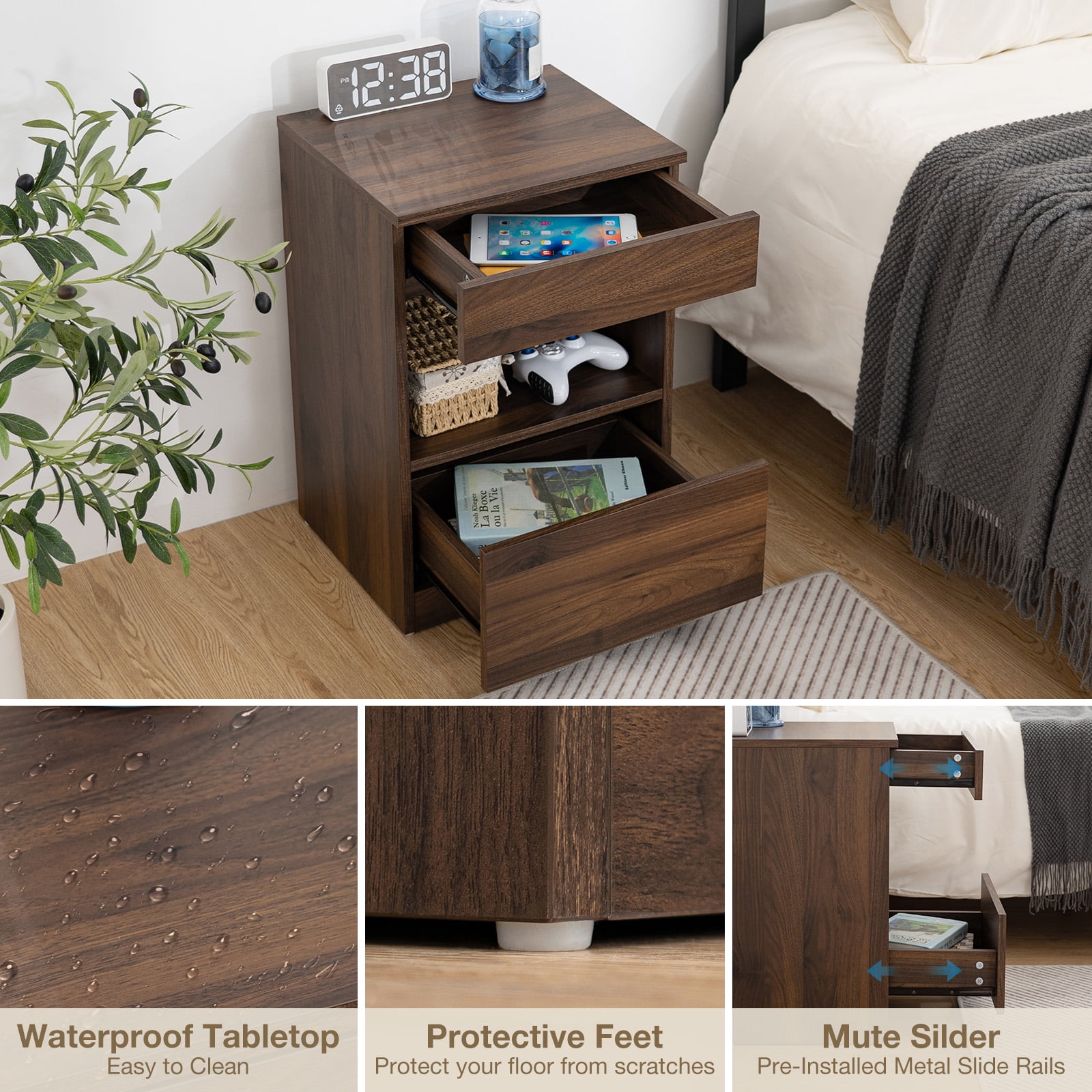 Hommpa Nightstand, 2 Drawer Nightstand Open Shelf Nightstands Brown Bedside Table Nightstands with Storage End Tables Living Room Bedroom Furniture Dark Walnut