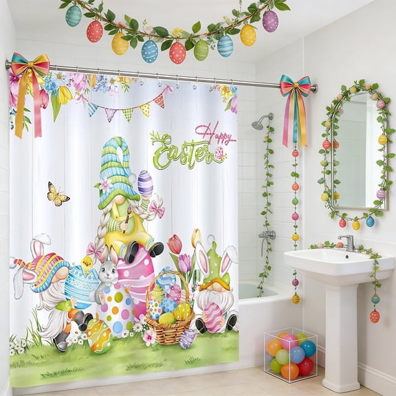 Hometravel Easter Holiday Bath Shower Curtain, No Drill Required Linen Fabric Curtain with Hooks, Water Resistant Tub and Shower Liner, Seasonal Decorative Curtain for Bathroom Decor