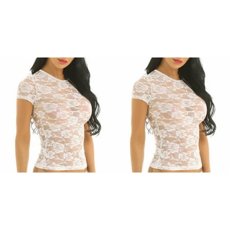 2 Pack Women s Sheer Mesh Lace See-Through Short Sleeve Crop Tops Casual T Shirt Lingerie for Women Christmas Lingerie Negligee Lingerie plus Size plus Size for Women Women Satin Lingerie