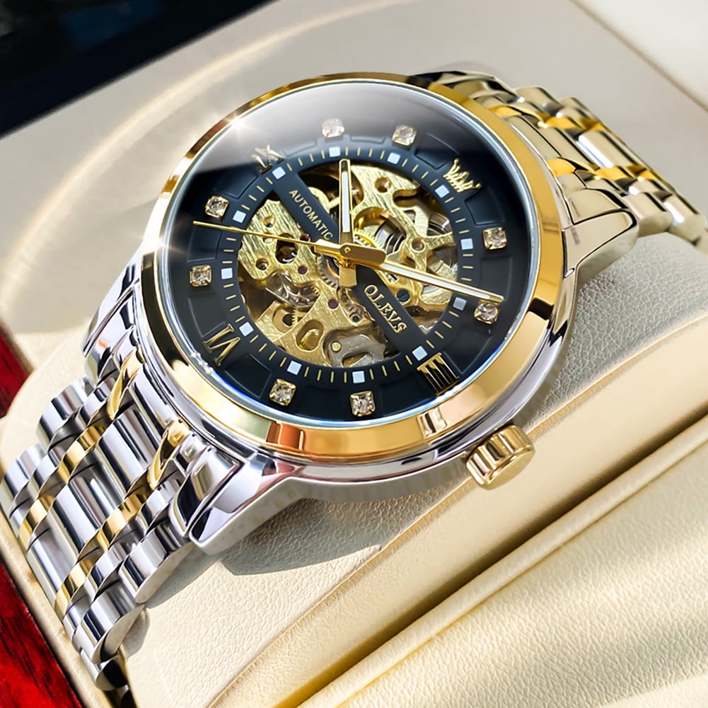 OLEVS Skeleton Watches for Mens Automatic Mechanical self Winding Diamond Luxury Business Dress Stainless Steel Waterproof Luminous Mens Wrist Watches Reloj Para Hombre Blue/White/Black/Gold Dial