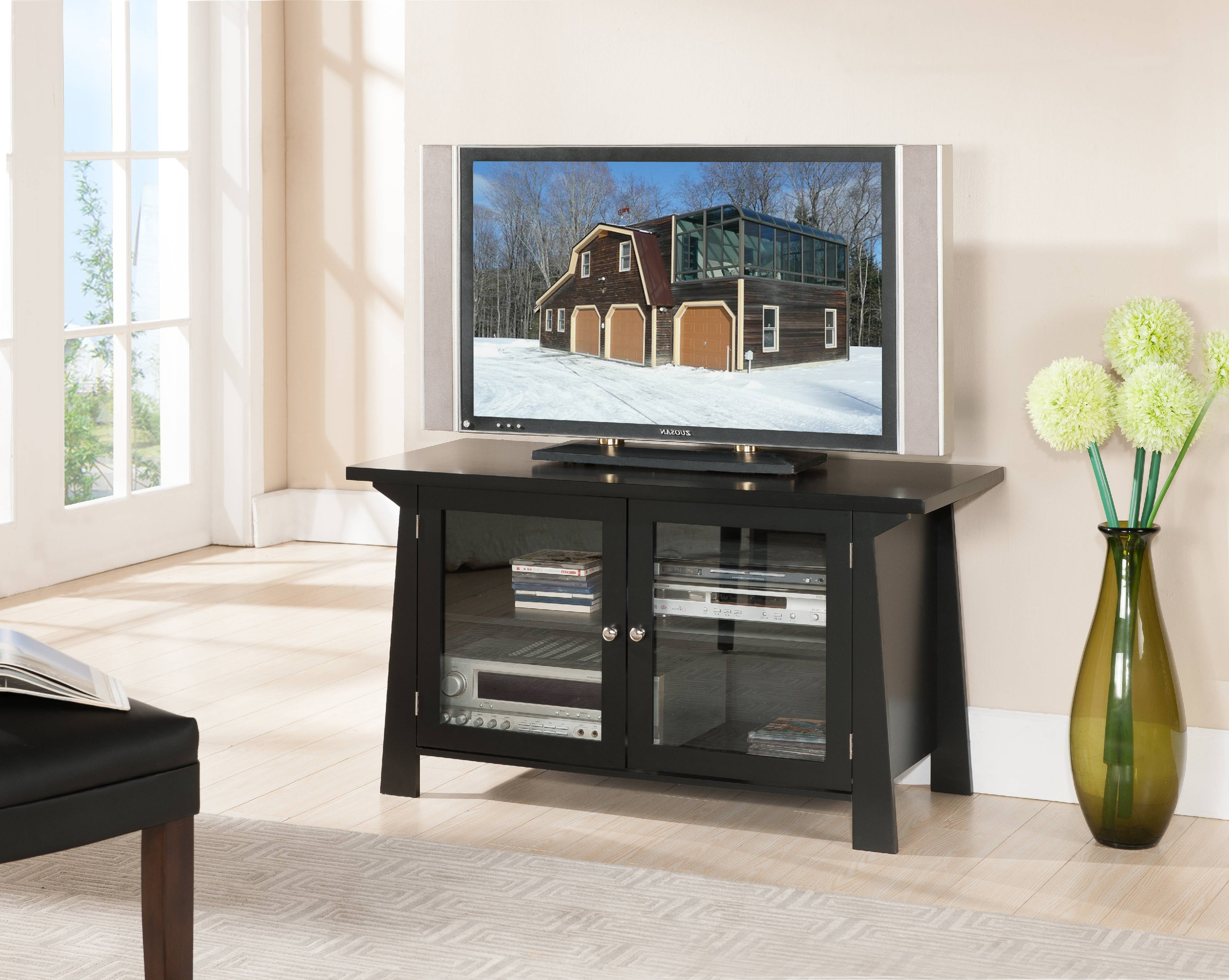 Izabella 42 Black Wood Transitional Entertainment Center Media Console Tv Stand With Glass Cabinet Doors Storage Shelves