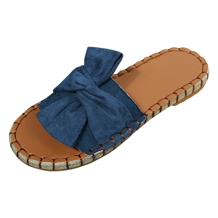 OJSFQUFP Sandals Women Dressy Summer Fashion Women Beach Slip On Casual Open Toe Non Slip Flat Bow Tie Breathable Slippers Shoes Sandals Womans Slippers Blue 41