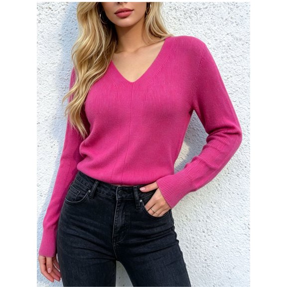Women’s Fitted V-Neck Ribbed Knit Sweater, Long Sleeve Pullover Top, Sizes S-XL