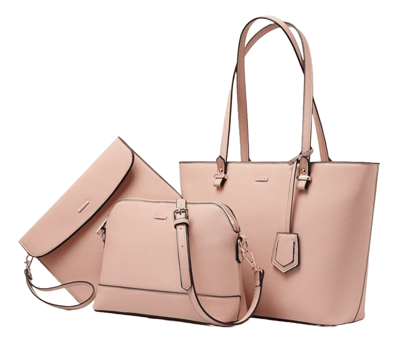 Premium Lux Details 3-Piece Leather Handbag Set for Women – Tote, Crossbody & Wristlet Purse – Elegant Designer Bags for Everyday & Travel Use Color Bikini Pink