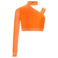thumbnail image 3 of Manyakai Kids Girls Shiny Rhinestone Jazz Latin Modern Lyrical Dance Crop Tops Irregular Shoulder Orange 6, 3 of 7