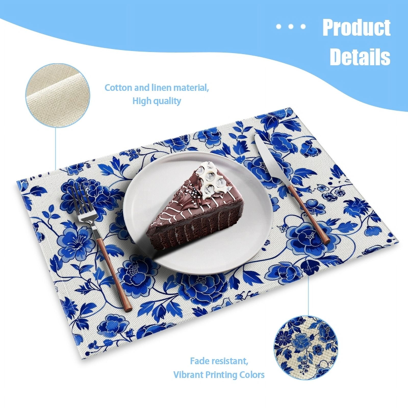 BaHomeck placemats Set of 4 Blue And White Porcelain Pattern In Blue Cotton Linen rectangle Placemats for Kitchen Dining Table Indoor,Outdoor,18*12inch
