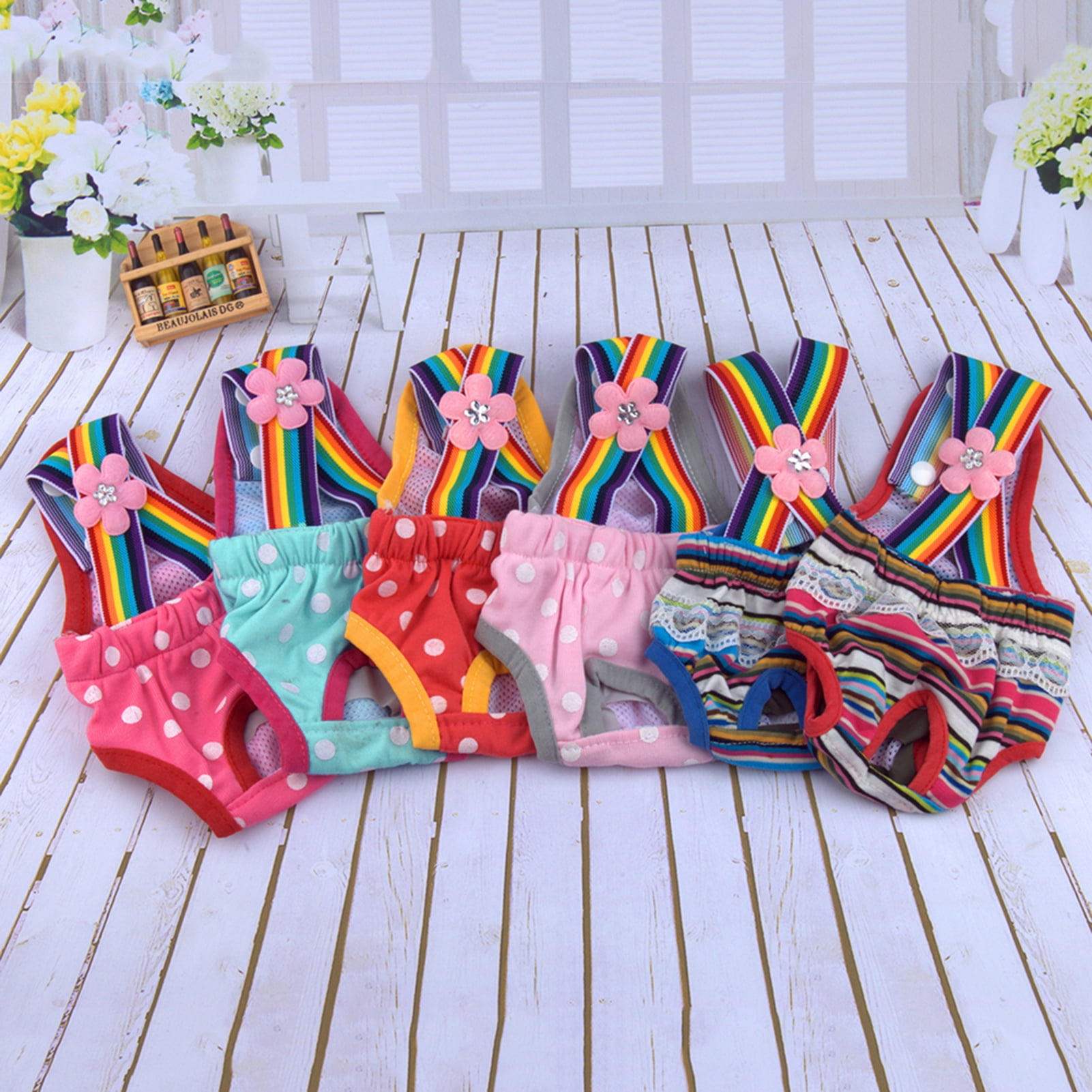 HEVIRGO 4PCS Female Dog Diaper Cute Washable Polka Dot Striped Sanitary Diaper Pet Physiological Pants for Home,Polka Dot Pink,S