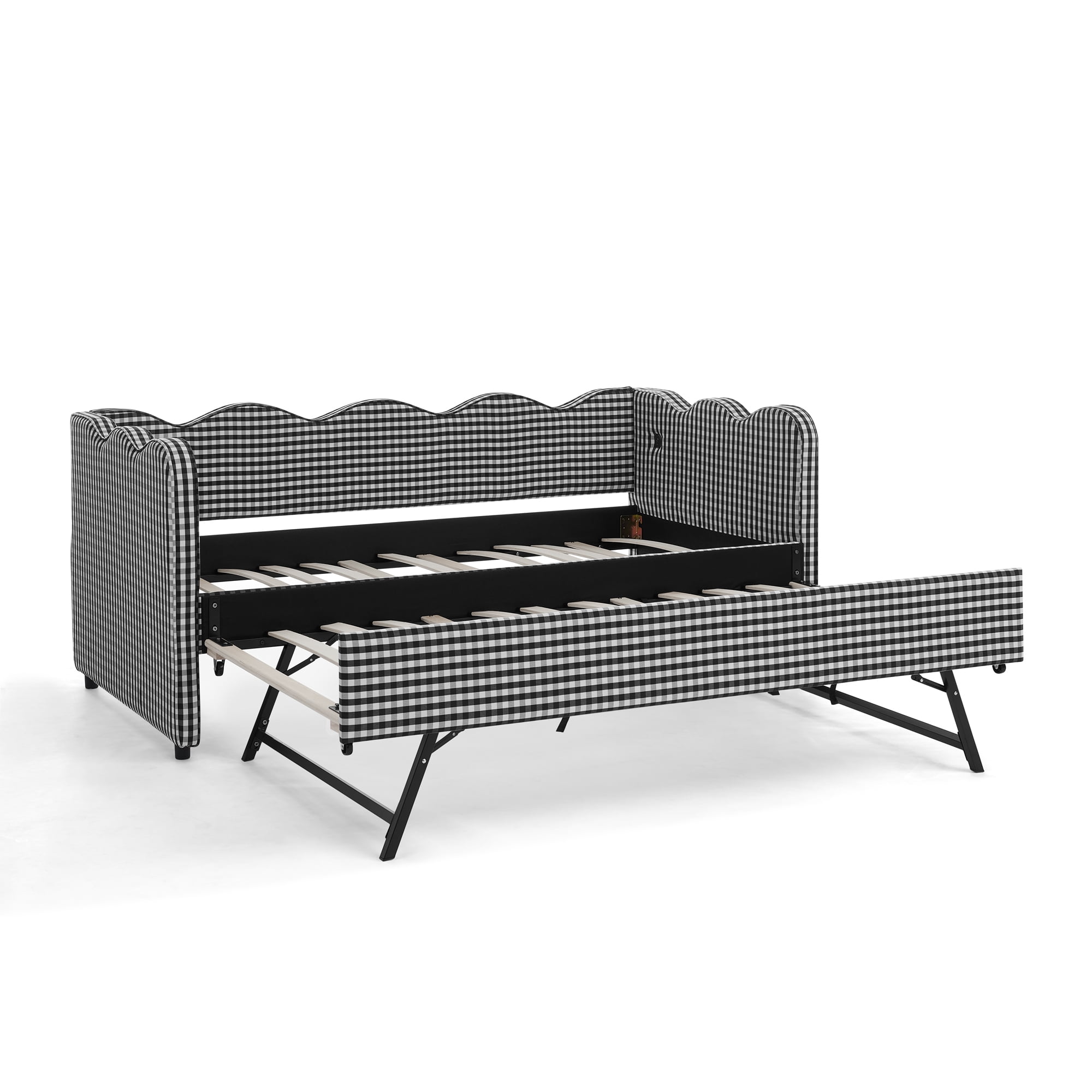 GARITIN Twin Size Daybed with Trundle, Gingham Sofa Bed with USB Port and Wavy Shape Headboard for Kids Room, Black