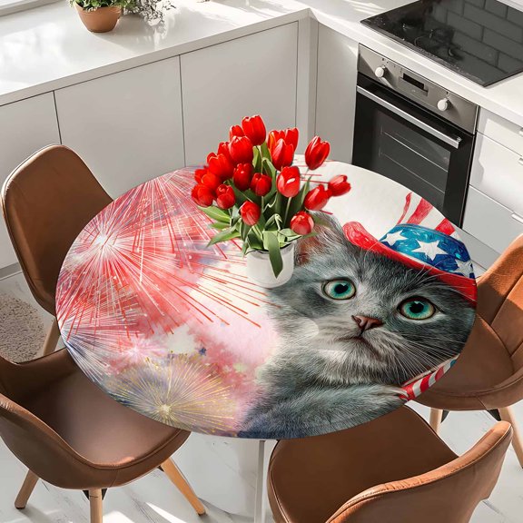 4th of July Elastic Fitted Round Tablecloth Patriotic Kitten Hat American Flag Firework Waterproof Outdoor Table Cover for Holiday Party, Picnic, Patio & Dining Fits Tables Up to 45"-54"