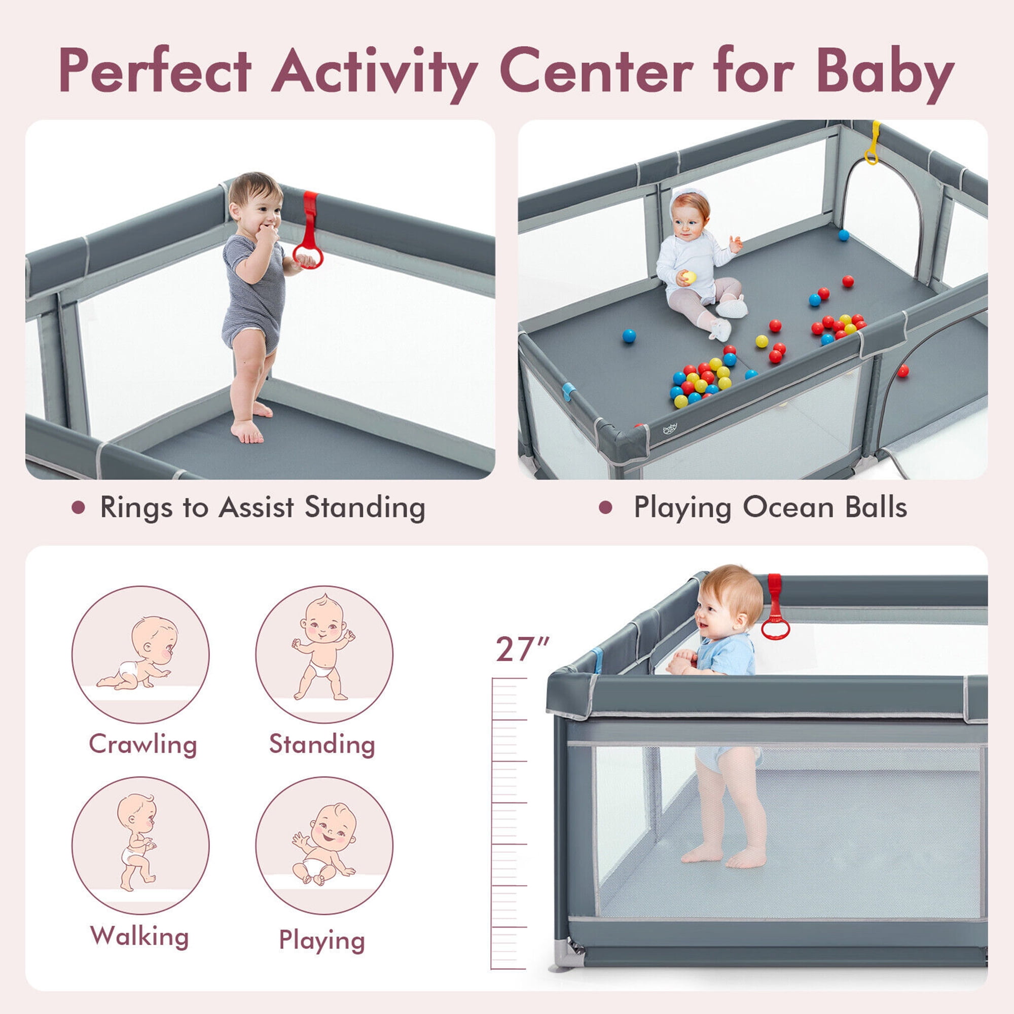 Gymax Baby Playpen Extra-Large Safety Baby Fence w/ Ocean Balls & Rings Dark Grey