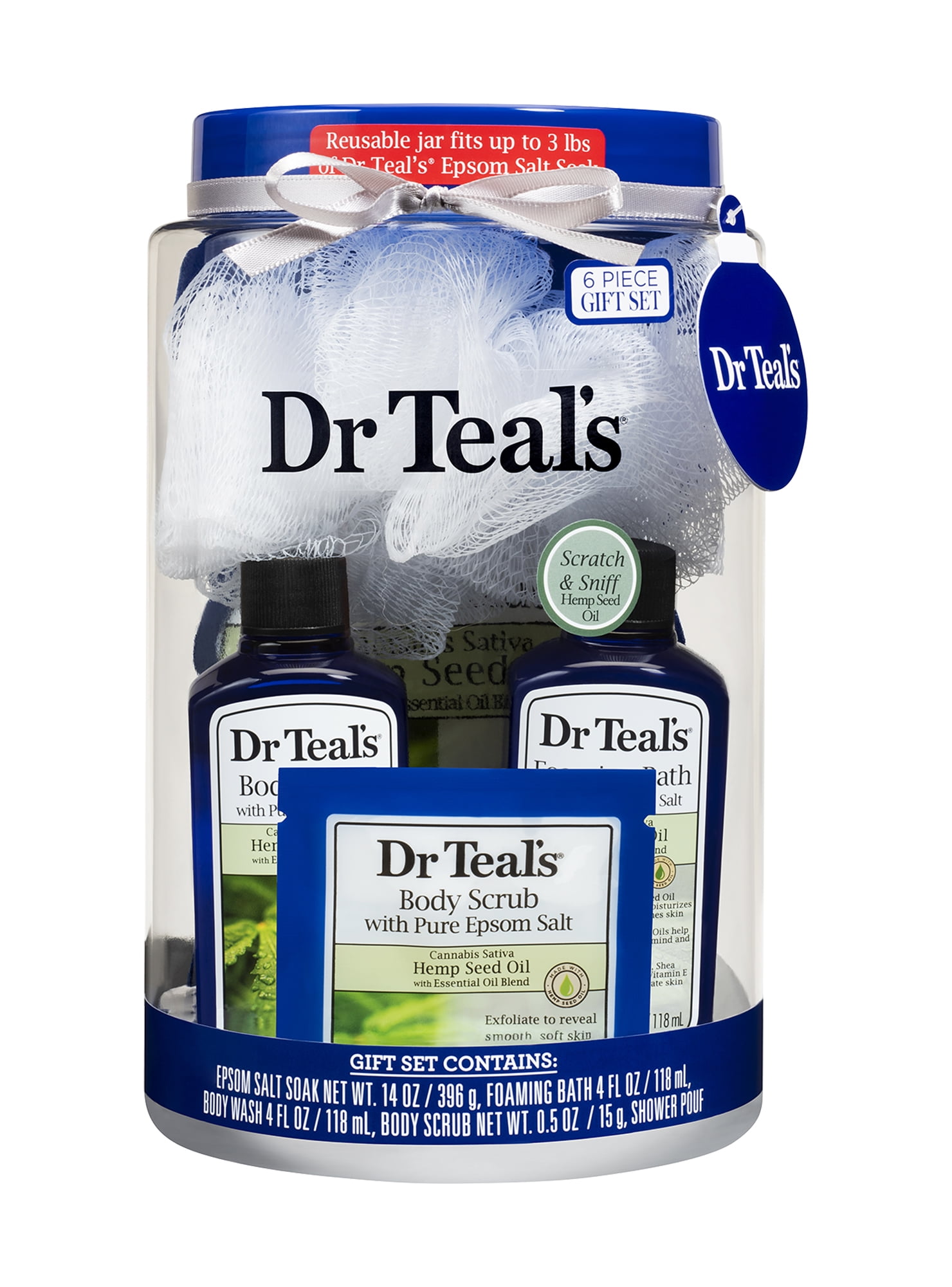 Dr Teal's 6PC Bath Gift Set with Reusable Container Hemp Seed Oil