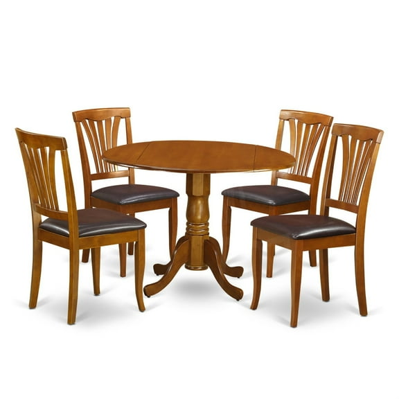 Ergode DLAV5-SBR-LC 5-Piece Dining Set, Round Table & 4 Wooden Chairs, Faux Leather Seat, Saddle Brown Finish, Premium Rubberwood, Modern Design, Easy Maintenance, Perfect for Families