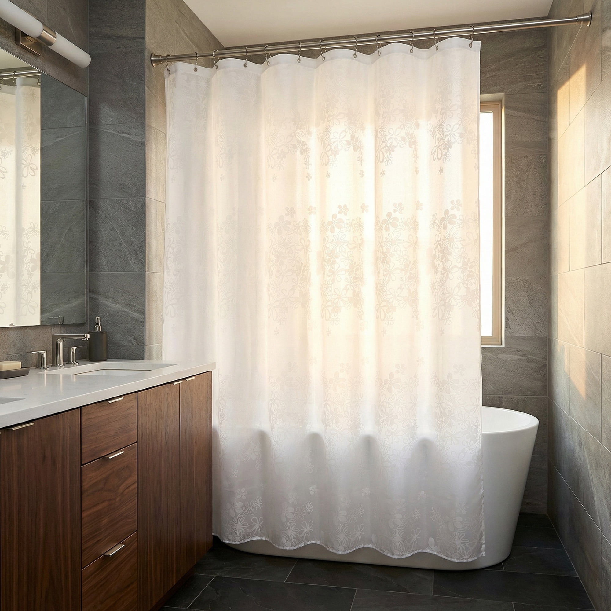 Unique Bargains Clear Shower Curtain Sets with 12 Hooks White Floral 71"W x 71"L