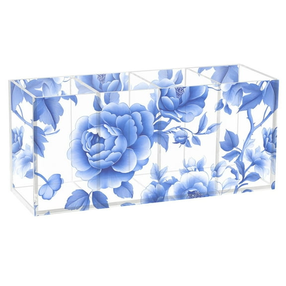 Pen Holder 4 Compartments Acrylic Pencil Cup Desktop Makeup Organizer Office Supplies Blue White Porcelain with Roses