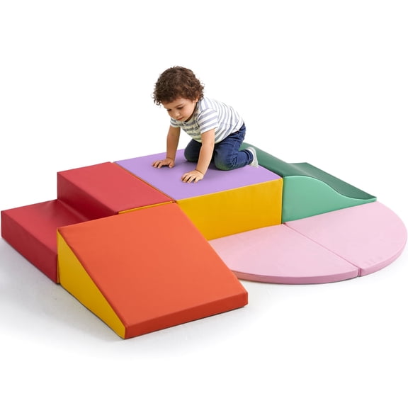 MFUN 6-Piece Toddler Foam Climbing Toys Soft Play Gym Climbing Blocks Made of PU Leather for 1-3 Years Pink