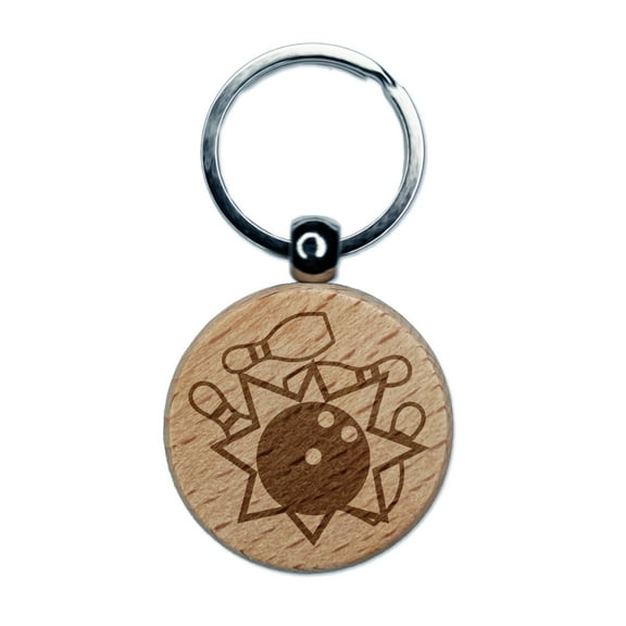 Bowling Ball Strike Pins Round Keychain Charm Tag - Engraved Wood