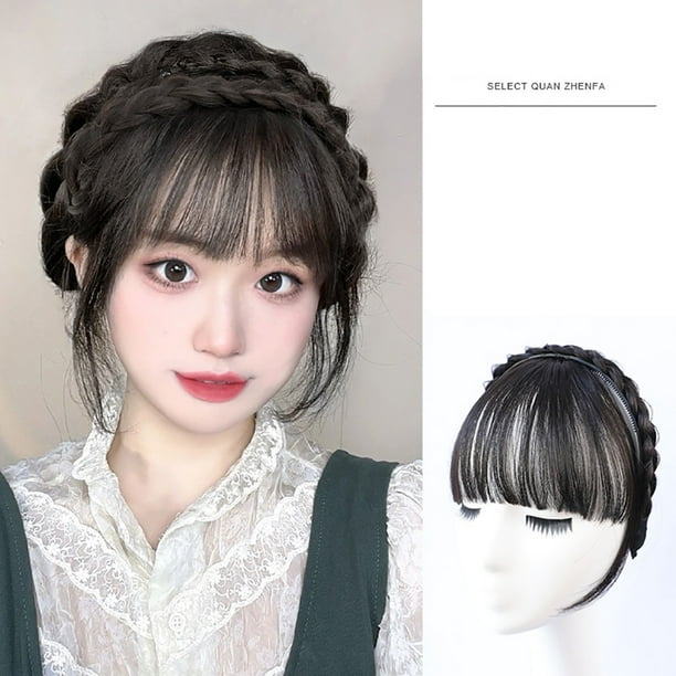 Diadema Trenzada Flequillo Sintético Extensión De Pelo Flecos Falsos Naturales Clip En Los Peluqueros Para Las Mujeres Invisible Natural
