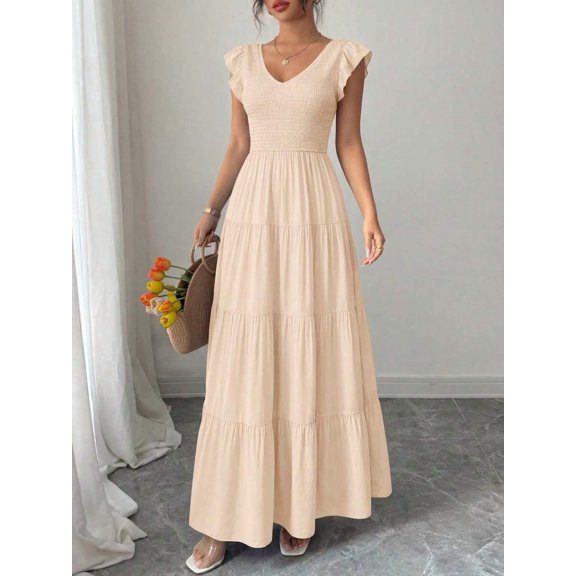 Beige Womens V-Neck Flowy Maxi Dress With Ruffled Cap Sleeves And Tiered Skirt