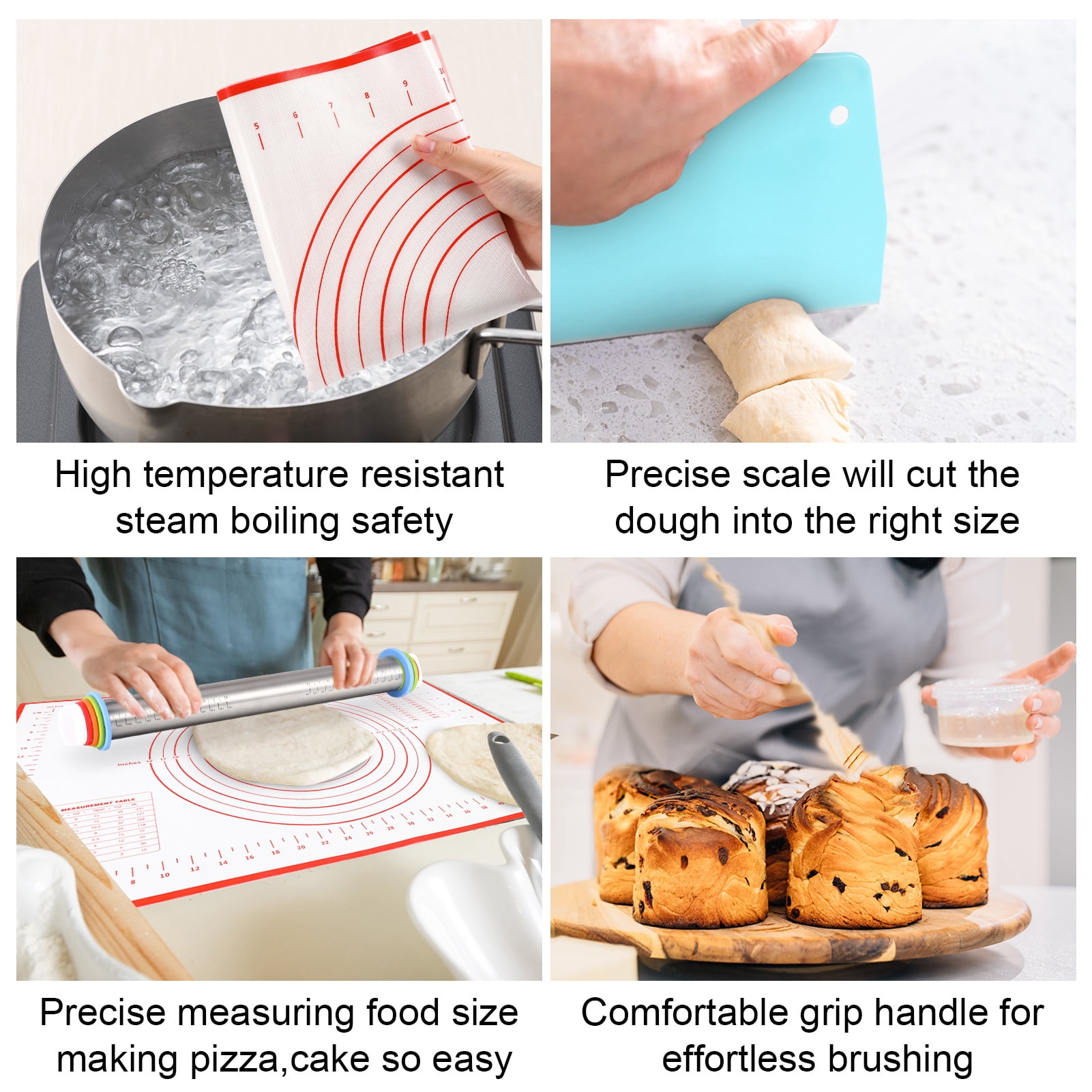 Topekada 17in Adjustable Rolling Pin with Pastry Mat Set, Non-Stick Stainless Steel Roller with Removable Thickness Rings and Baking Mat, Pastry Brush and Bench Scraper for Cooking Pizza Pie Cookies