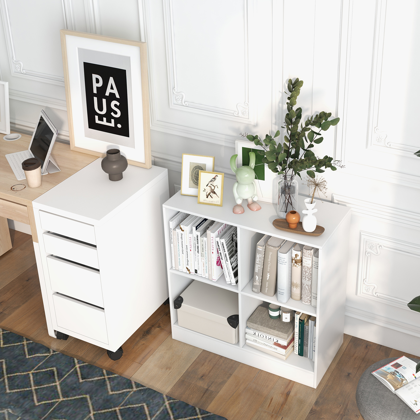 Topbuy 4-Cube Bookcase Floor Open Wooden Bookshelf with 2 Anti-Tipping Kits Modern Shelving Organizer Multipurpose Storage Cabinet White