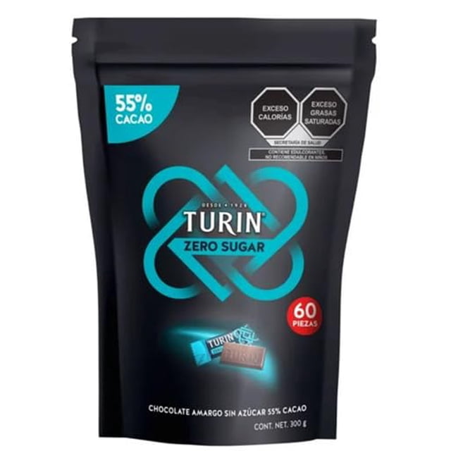 Turin Chocolate Zero Azúcar, 55% Cacao, Paquete de 60 Piezas, 300g