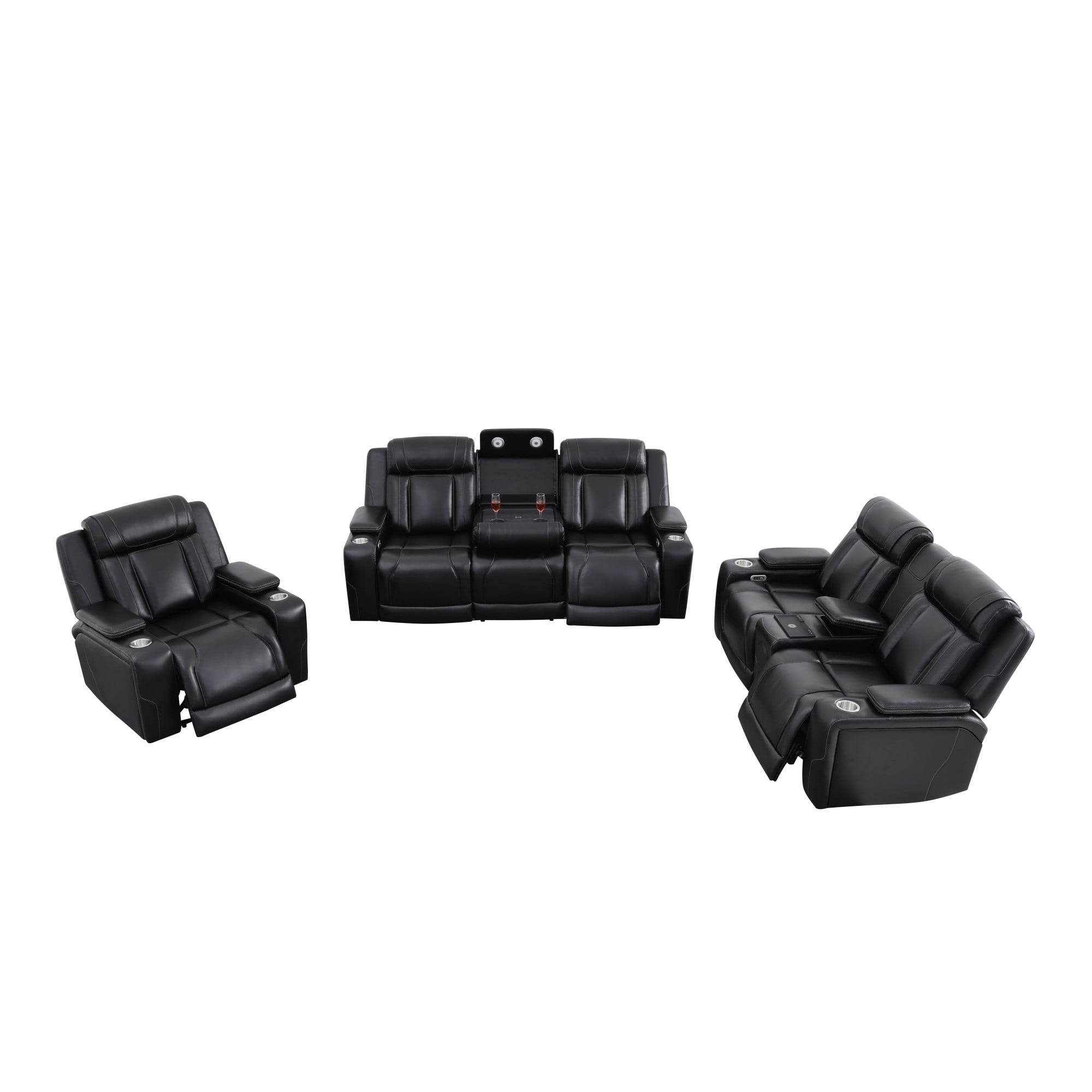 Gewnee 1+2+3 Piece Recliner Sofa Set, Air Leather Smart Sofa with Wireless Charging, Bluetooth Speaker, LED Light, Cup Holders & Storage, Adjustable Recline for Living Room, Black