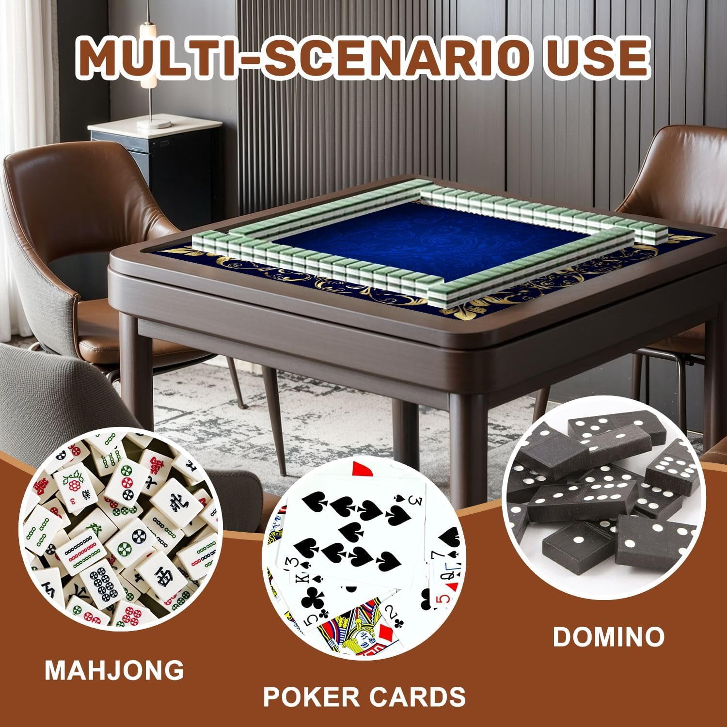 Mahjong Mat 31.5" x 31.5" Elegant Golden Ornate Frame Blue Floral Patterns Non-Slip Noise Reduction Mahjong Tiles Table Cover for Dominoes Poker Card Board and Tile Games Gift