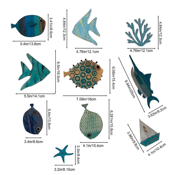 10 Pcs Fish Wall Decor Wood School of Fish Wall Decor Beach Theme Bathroom Decor Wooden Nautical Pictures Home Hanging Wall Art Gifts