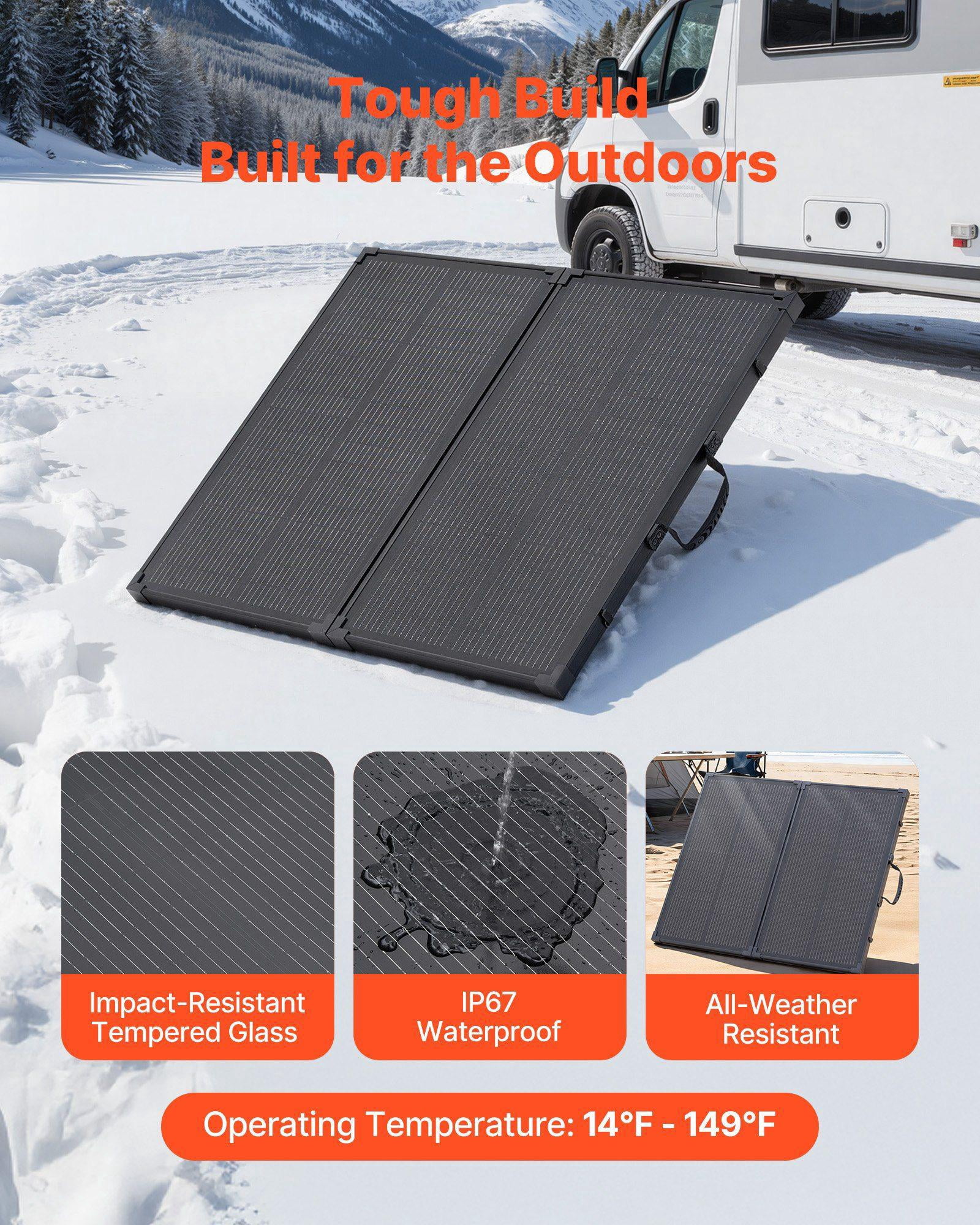100W Foldable Solar Panel with Frame 16BB N-Type Monocrystalline 24% Efficiency IP67 Waterproof 30A PWM Controller MC4 Output for Camping Hiking RV Portable Charger
