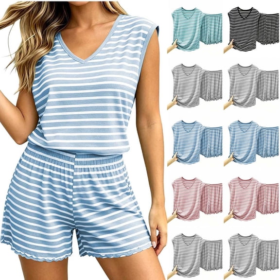 Tqcoqu Women's Striped 2 Piece Pajama Set,V Neck Sleeveless with Built In Bra Tank Top & Elastic Waist Shorts,Soft Loungewear Sleepwear Outfit Set,Black Women's XL-XXL